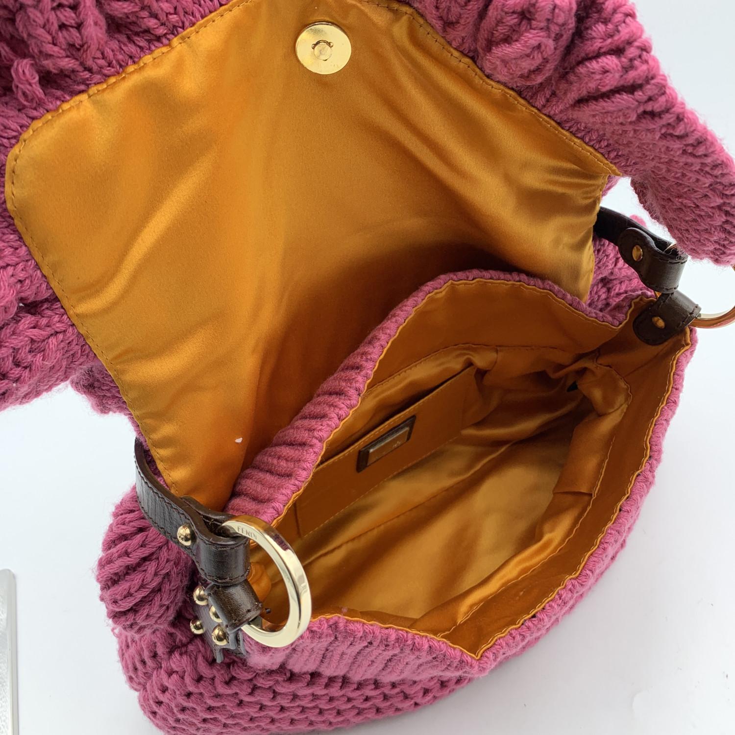 Fendi Pink Wool Knit Crocheted Chef Shoulder Flap Bag Handbag 1