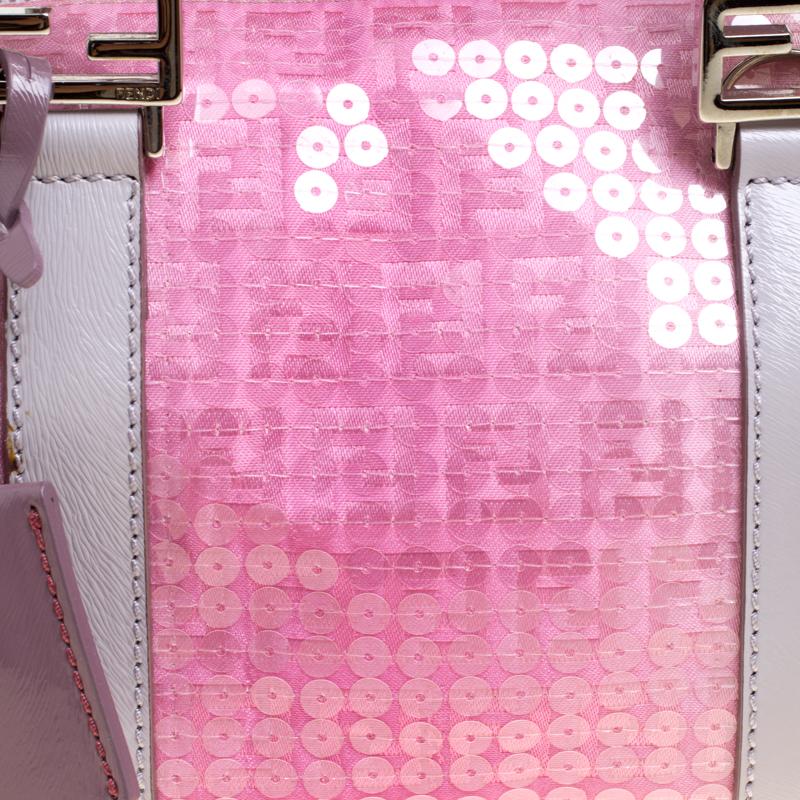 Fendi Pink Zucchino Canvas and Sequins Mini Forever Bauletto Boston Bag In Good Condition In Dubai, Al Qouz 2