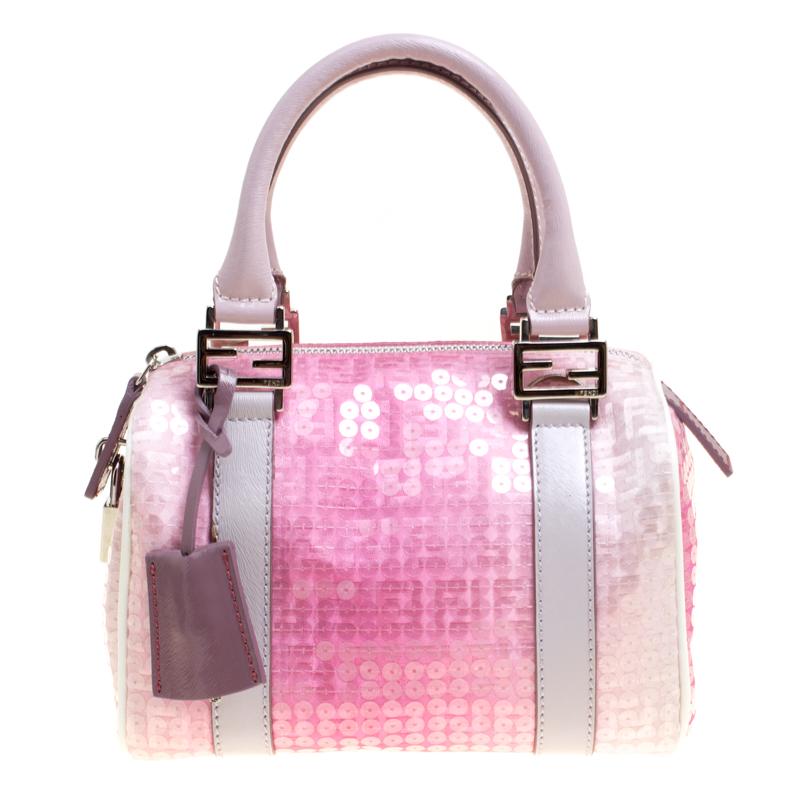 Fendi Pink Zucchino Canvas and Sequins Mini Forever Bauletto Boston Bag