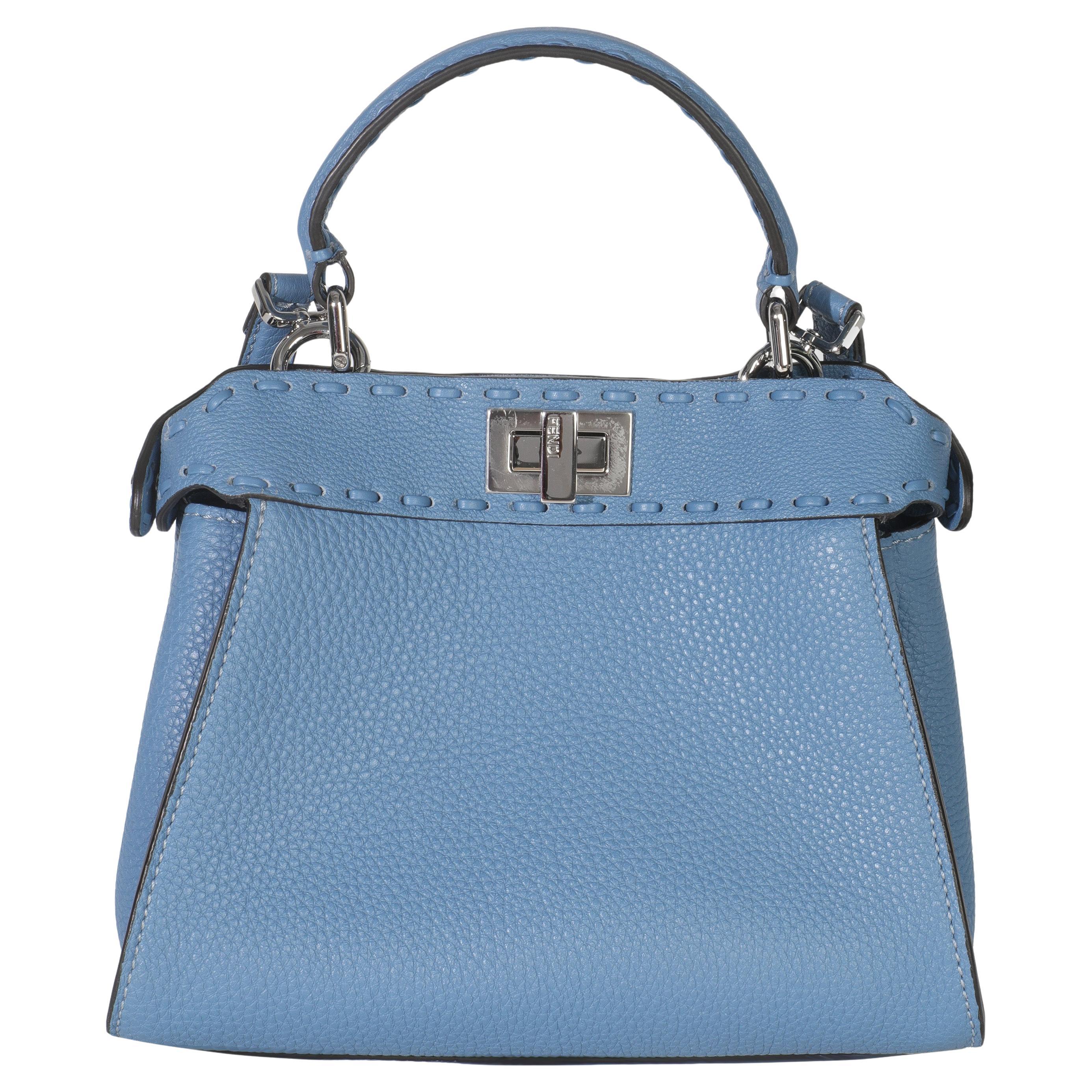 Fendi Placca Argento Blue Cuoio Romano Selleria Mini Peekaboo Iconic Satchel in vendita