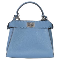 Fendi Placca Argento Blue Cuoio Romano Selleria Mini Peekaboo Iconic Satchel