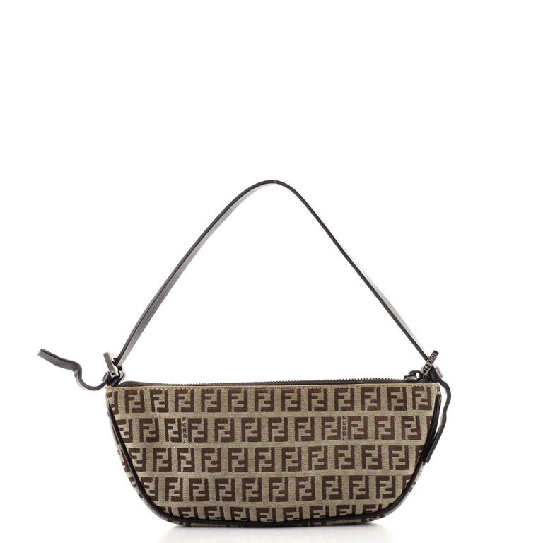 Fendi Women's Bag Black Zucchino Mini Pochette Handbag Purse Logo Leather  Strap