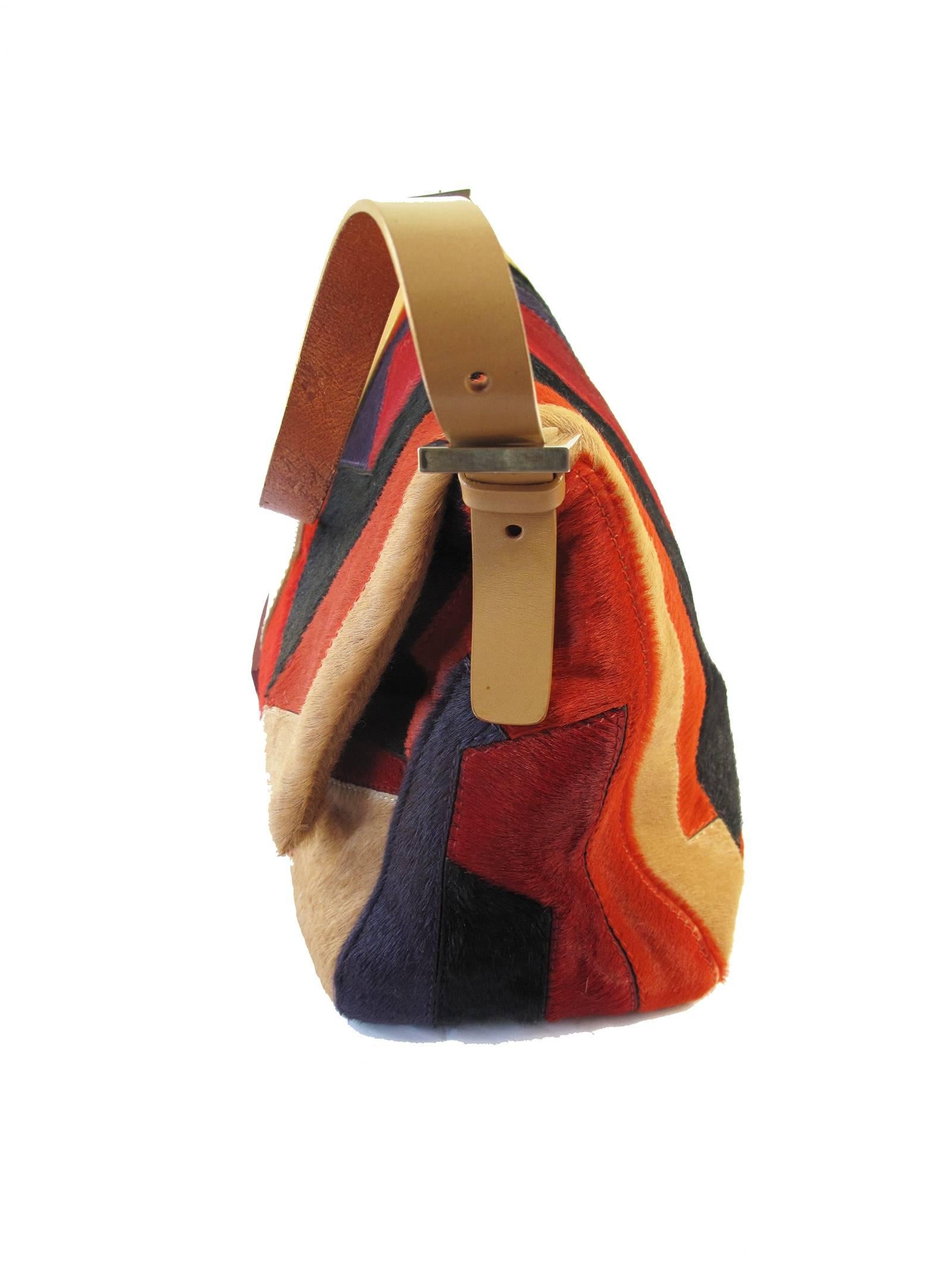 Fendi pony geometric bag, red, black, purple, beige.  Condition: Good, two spots were pony is worn, see photos. 11 3/4