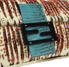 Fendi Ponyhair Blue Lizard Beaded Exotic Top Handle Shoulder Pochette Flap Bag