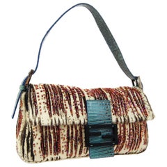 Fendi Ponyhair Blue Lizard Beaded Exotic Top Handle Shoulder Pochette Flap Bag
