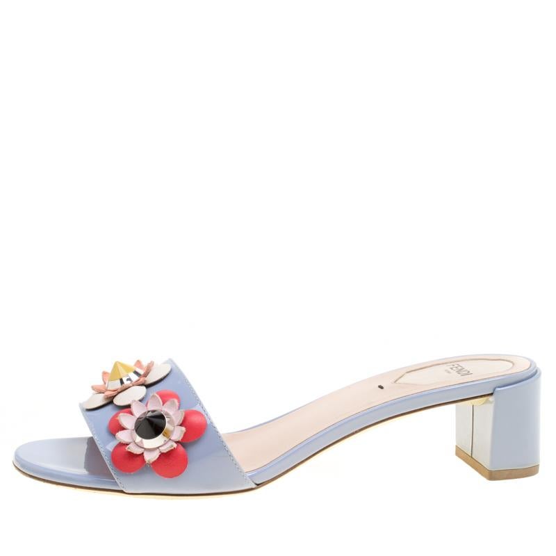 Fendi Powder Blue Patent Leather Flowerland Embellished Block Heel Slides Size 3 2