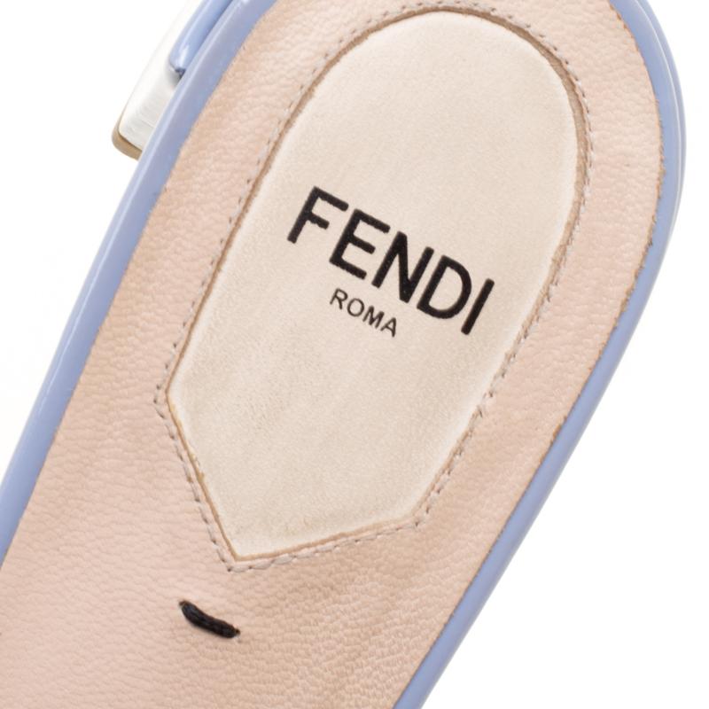 Fendi Powder Blue Patent Leather Flowerland Embellished Block Heel Slides Size 3 3