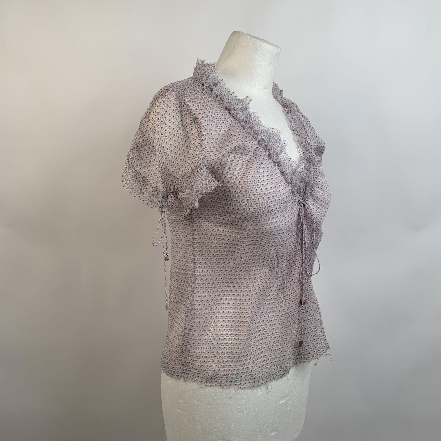 Women's Fendi Printed Silk Short Sleeve Top Drawstring Detail Size 40