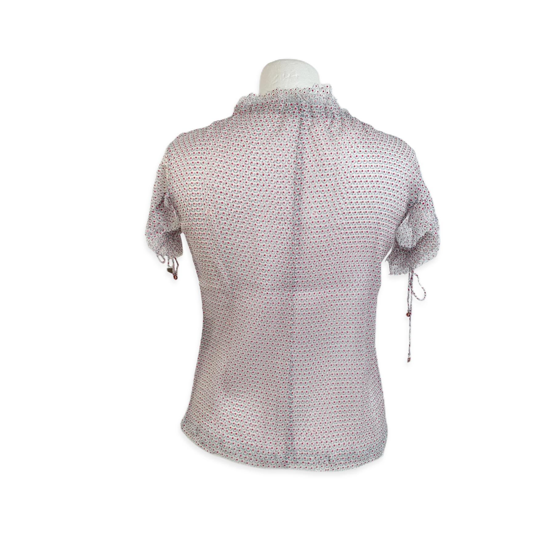 Fendi Printed Silk Short Sleeve Top Drawstring Detail Size 40 1