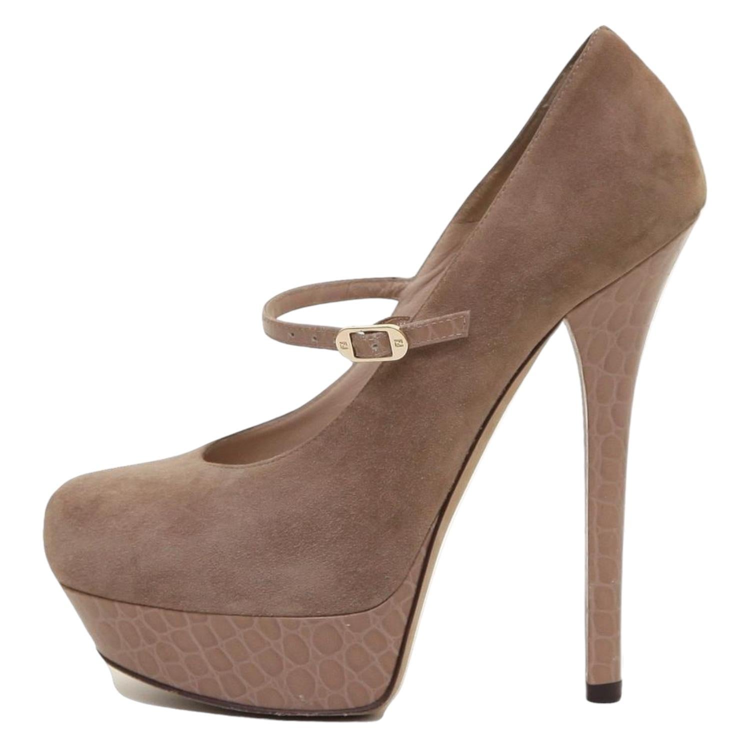 Brown FENDI Pumps Platform Pump Pumps Suede Leather Tan Shoe Heel Sz 38 For Sale