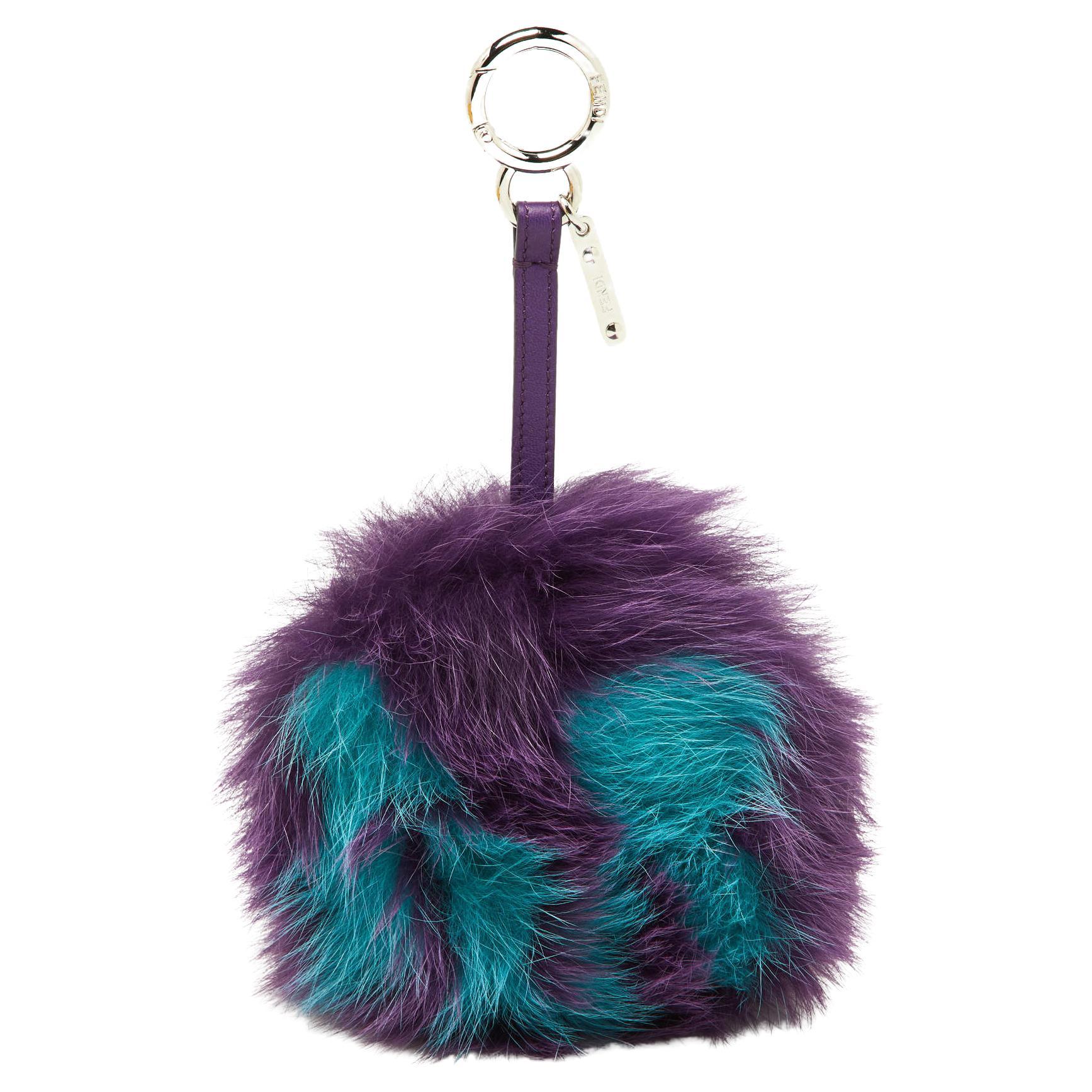 Fendi Purple/Blue Fox Fur Pom Pom Bag Charm For Sale
