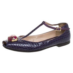 Fendi Purple Croc Embossed Leather Embellished T-Strap Flats Size 38