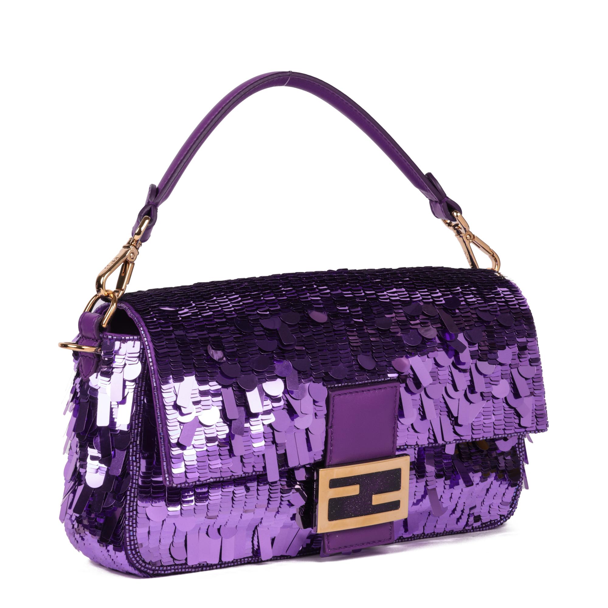 Fendi Purple Embellished Sequin & Purple Calfskin Leather Baguette

CONDITION NOTES
The exterior is in exceptional condition with no signs of use.
The interior is in exceptional condition with no signs of use.
The hardware is in exceptional
