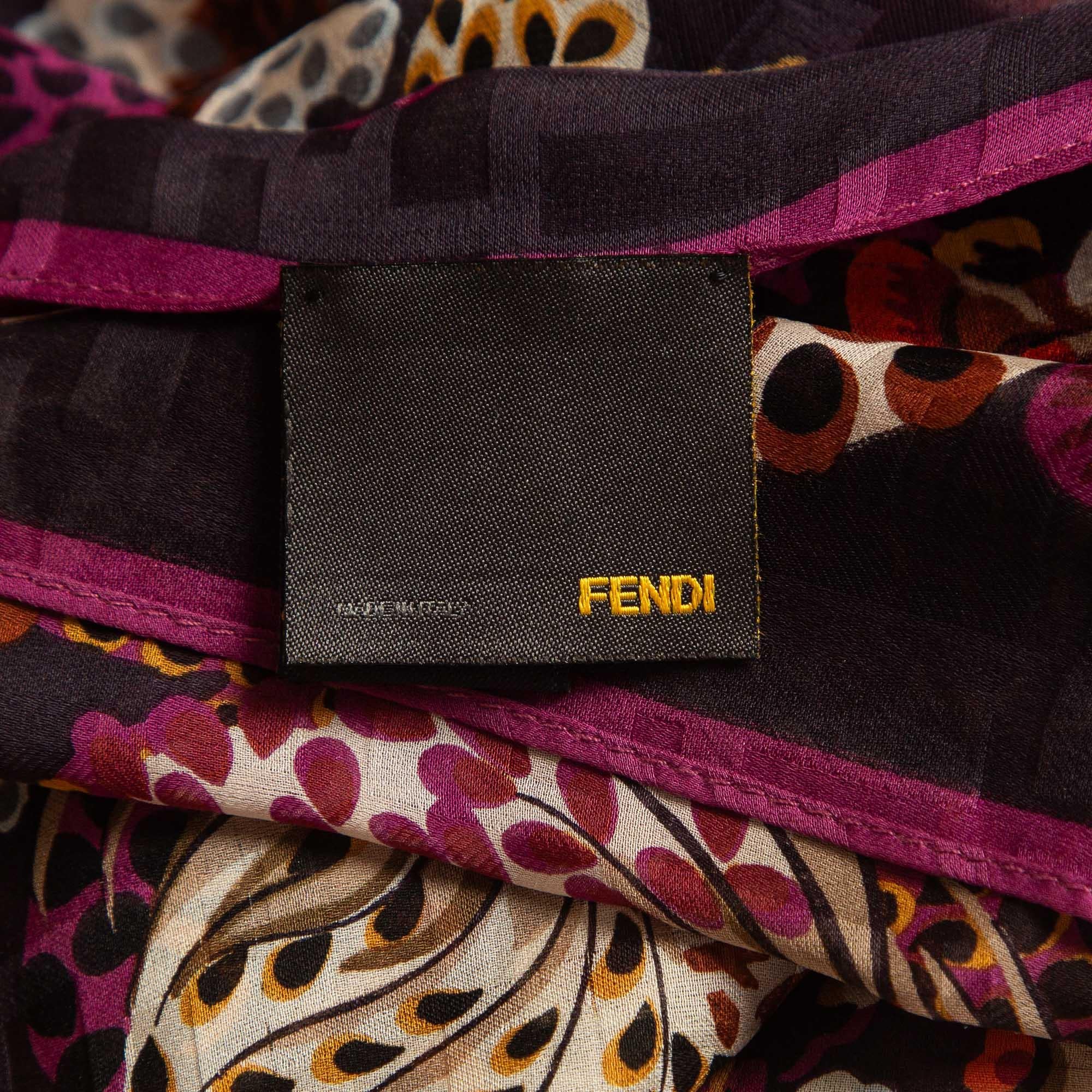Fendi Purple Floral Print Silk Chiffon Scarf In Excellent Condition For Sale In Dubai, Al Qouz 2