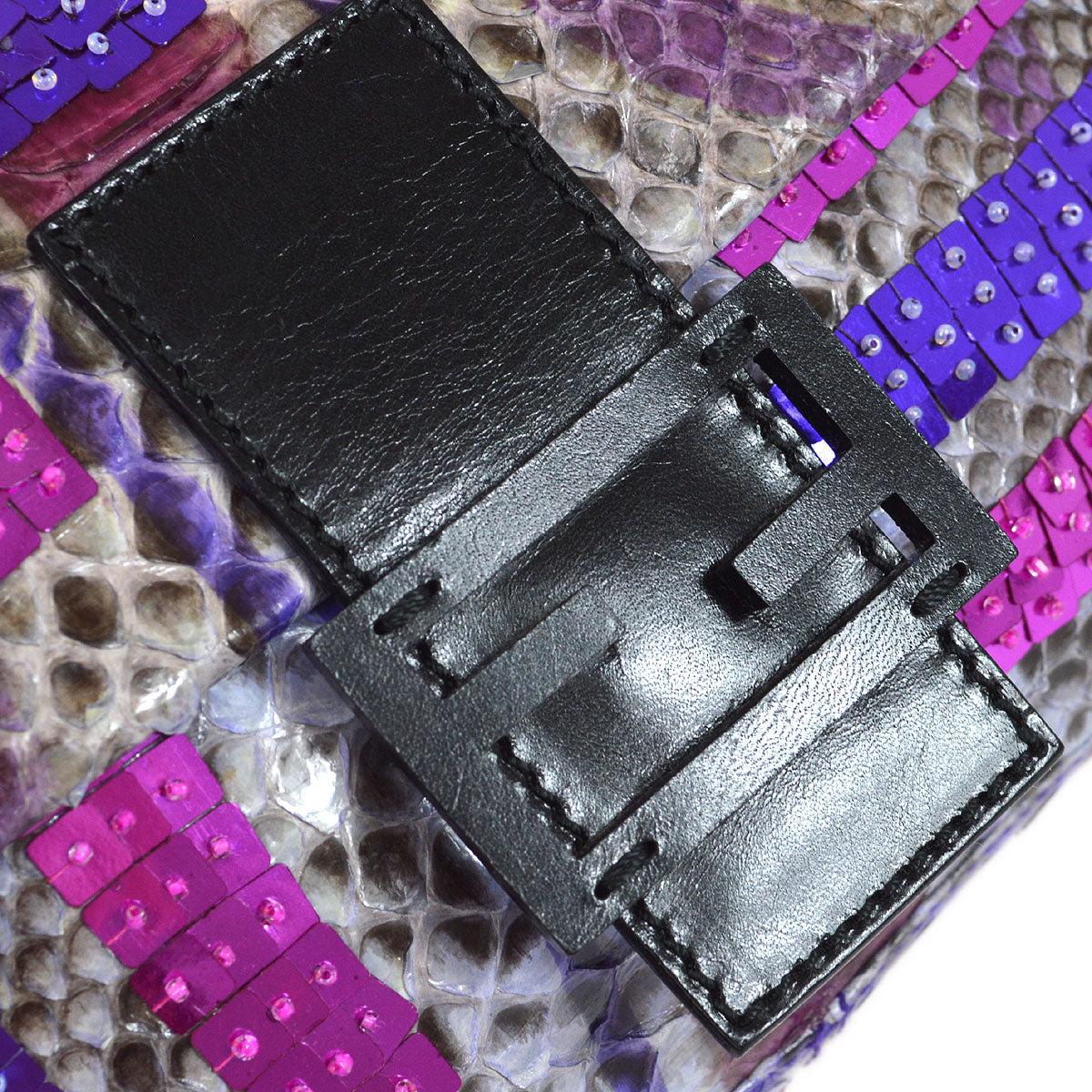 FENDI Purple Gray Sequin Python Leather Baguette Evening Shoulder Flap Bag In Good Condition In Chicago, IL