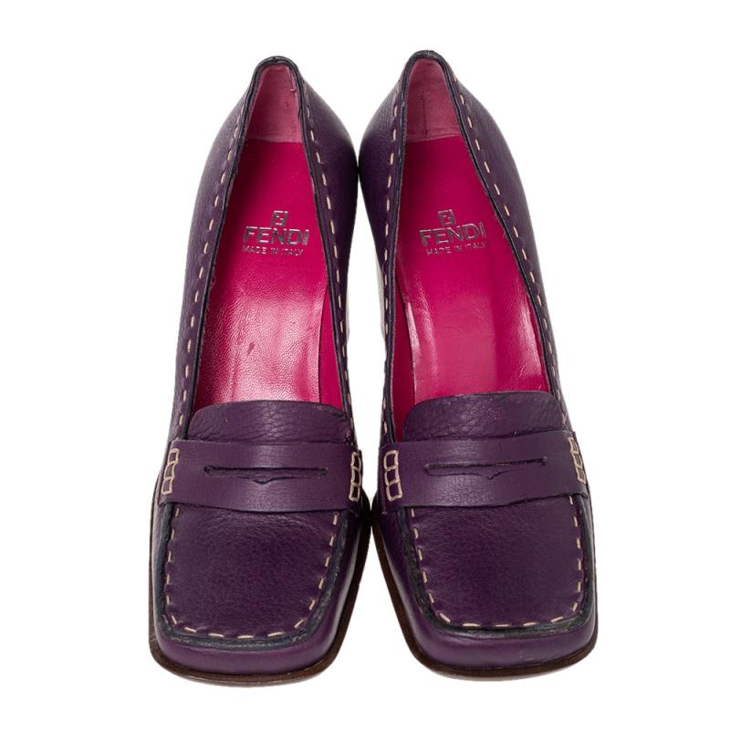 Women's Fendi Purple Leather Slip on Loafers Pumps Size 37.5