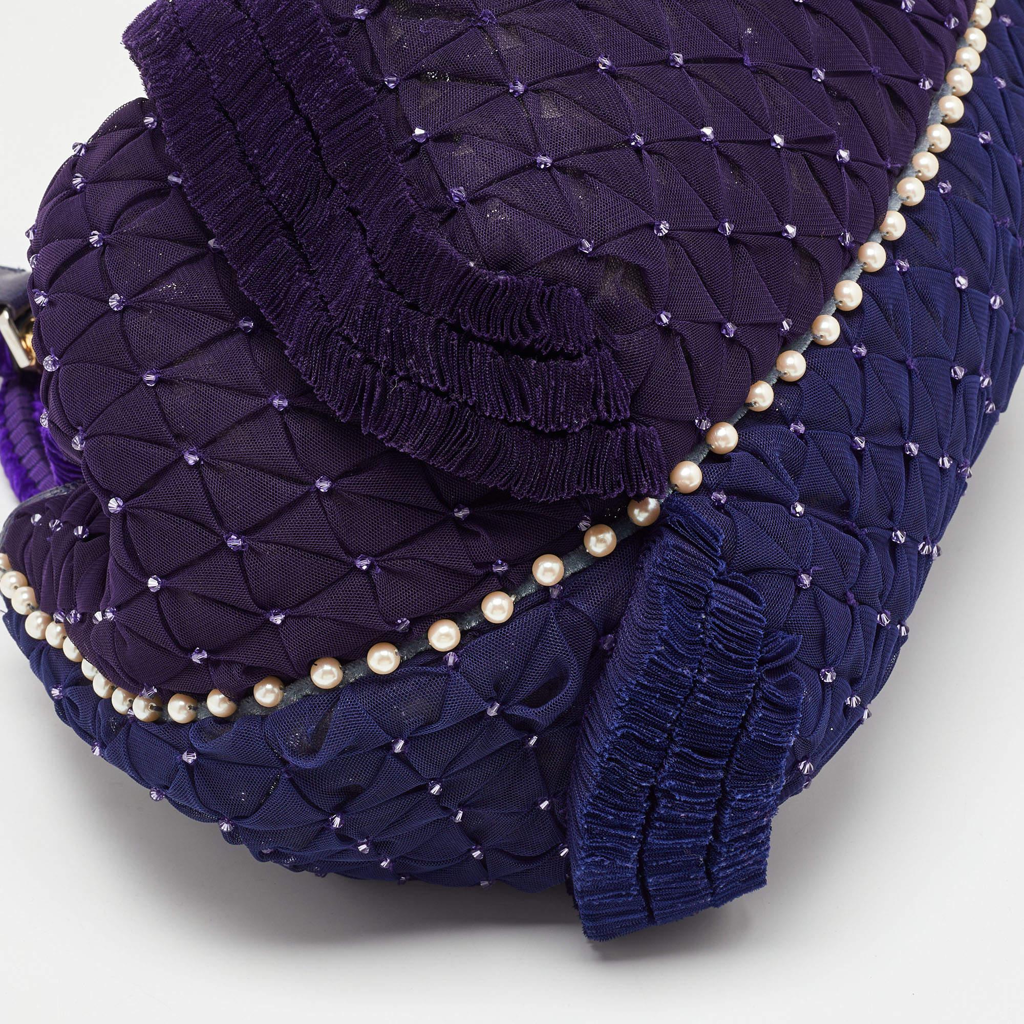 Fendi Purple Mesh Velvet and Alligator Pearl Embellished Spy Hobo 4
