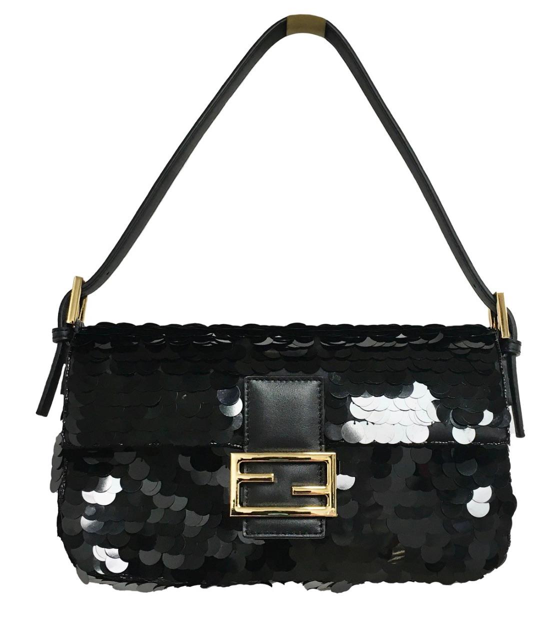 FENDI RARE black Sequin Classic baguette bag 1997 with Gold Hardware 5