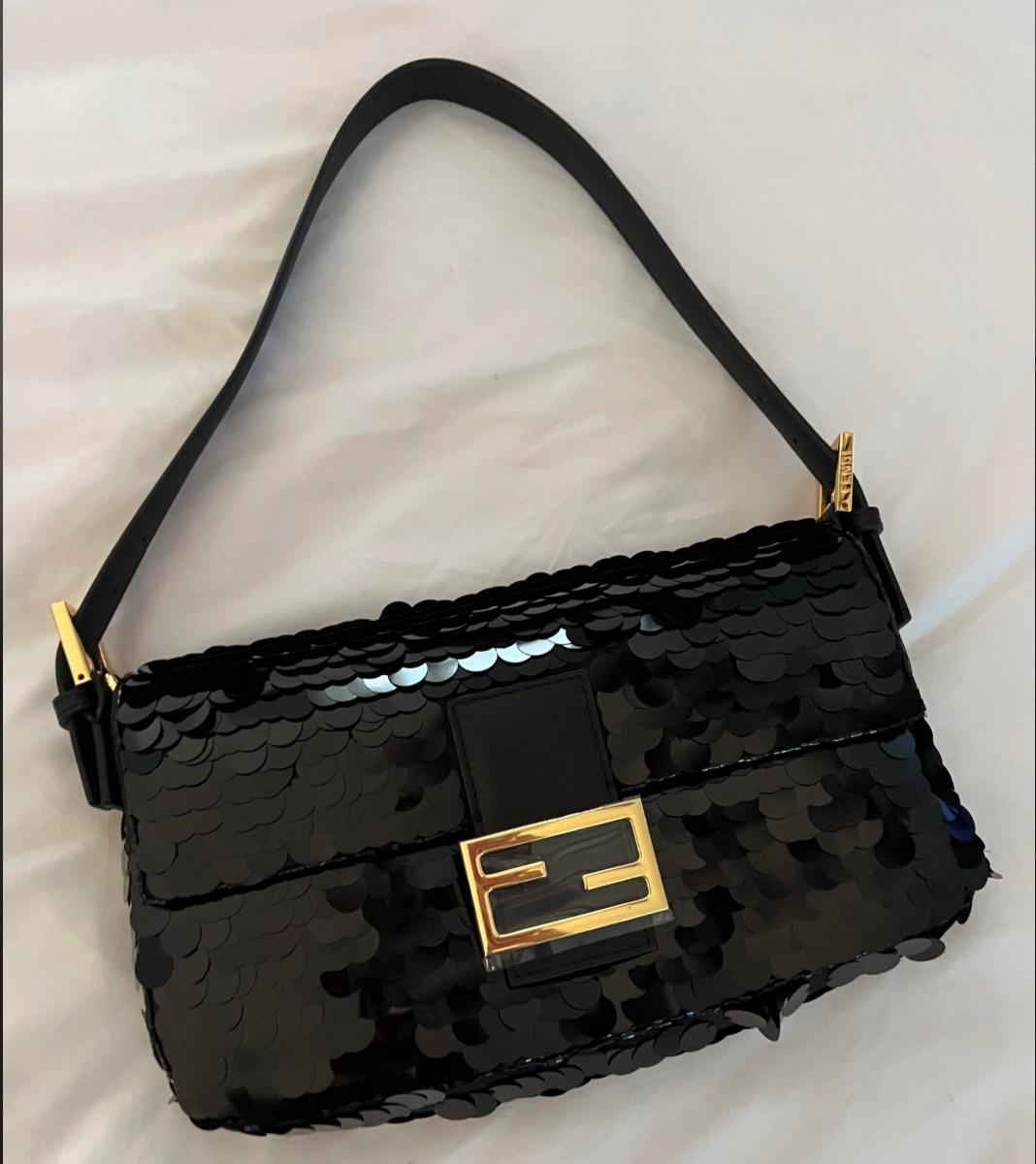FENDI RARE black Sequin Classic baguette bag 1997 with Gold Hardware 6