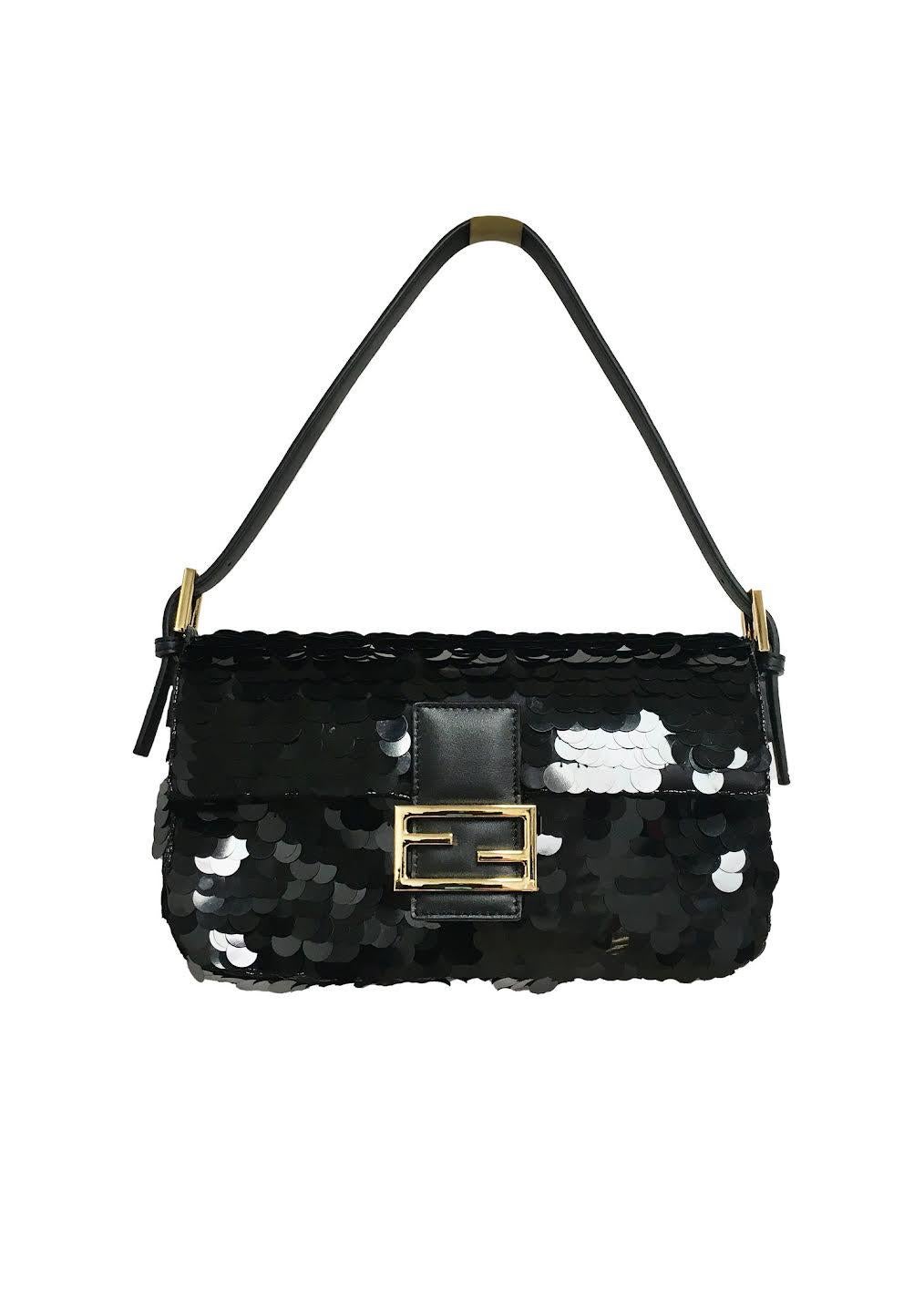 Black FENDI RARE black Sequin Classic baguette bag 1997 with Gold Hardware