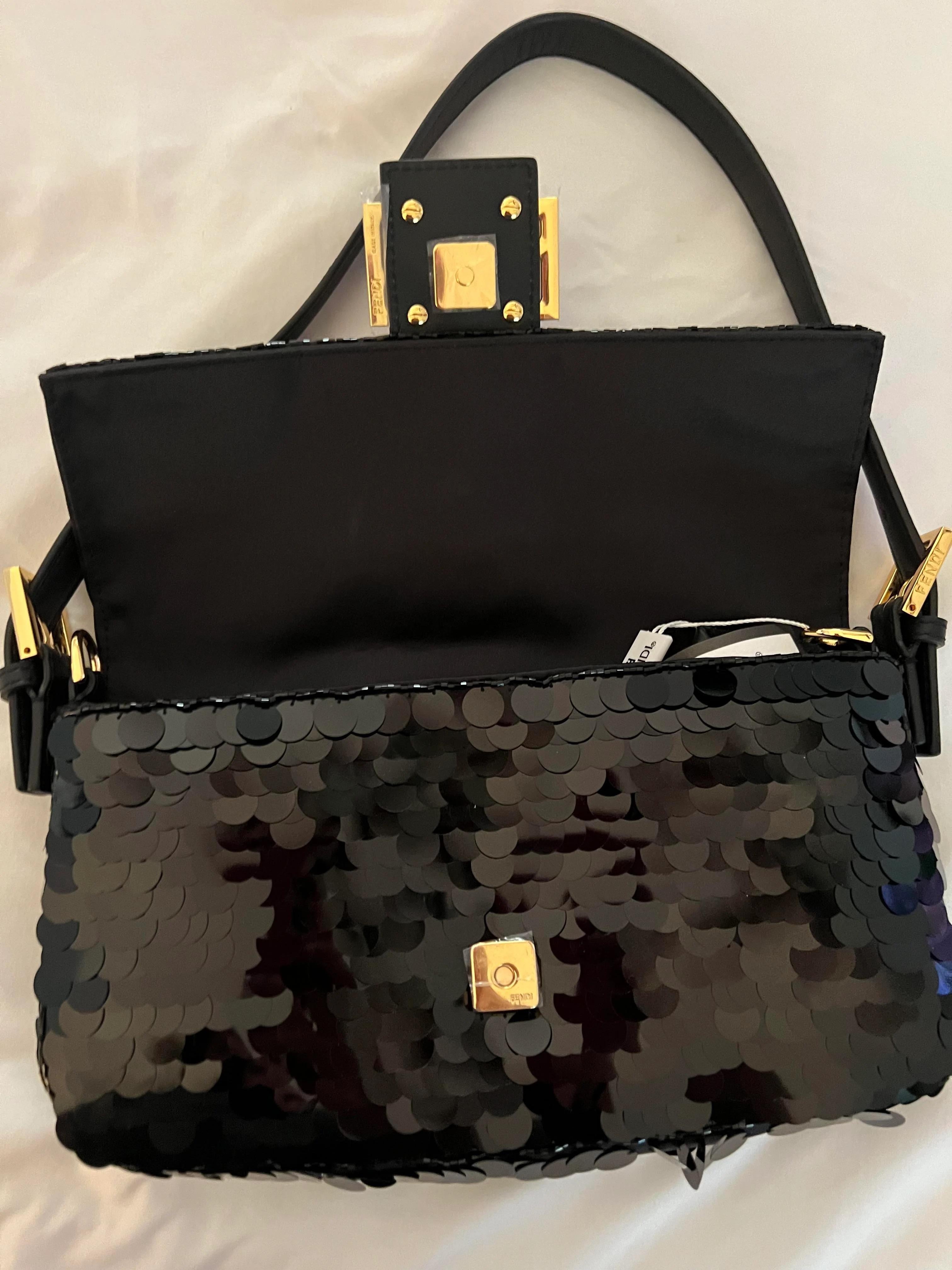 FENDI RARE black Sequin Classic baguette bag 1997 with Gold Hardware 2