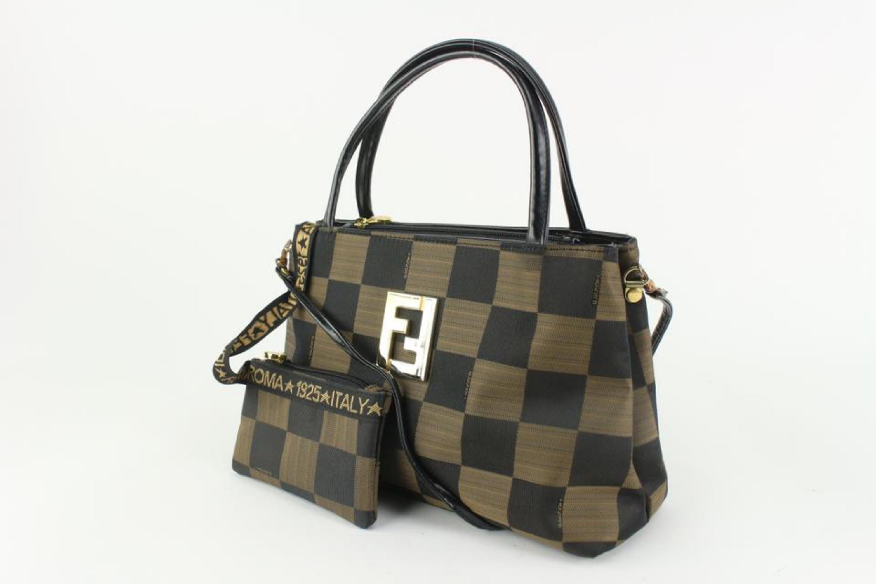 Fendi Rare Vintage Brown Checker Box 2way Tote with Pouch 1220f41
Made In: Italy
Measurements: Length:  12