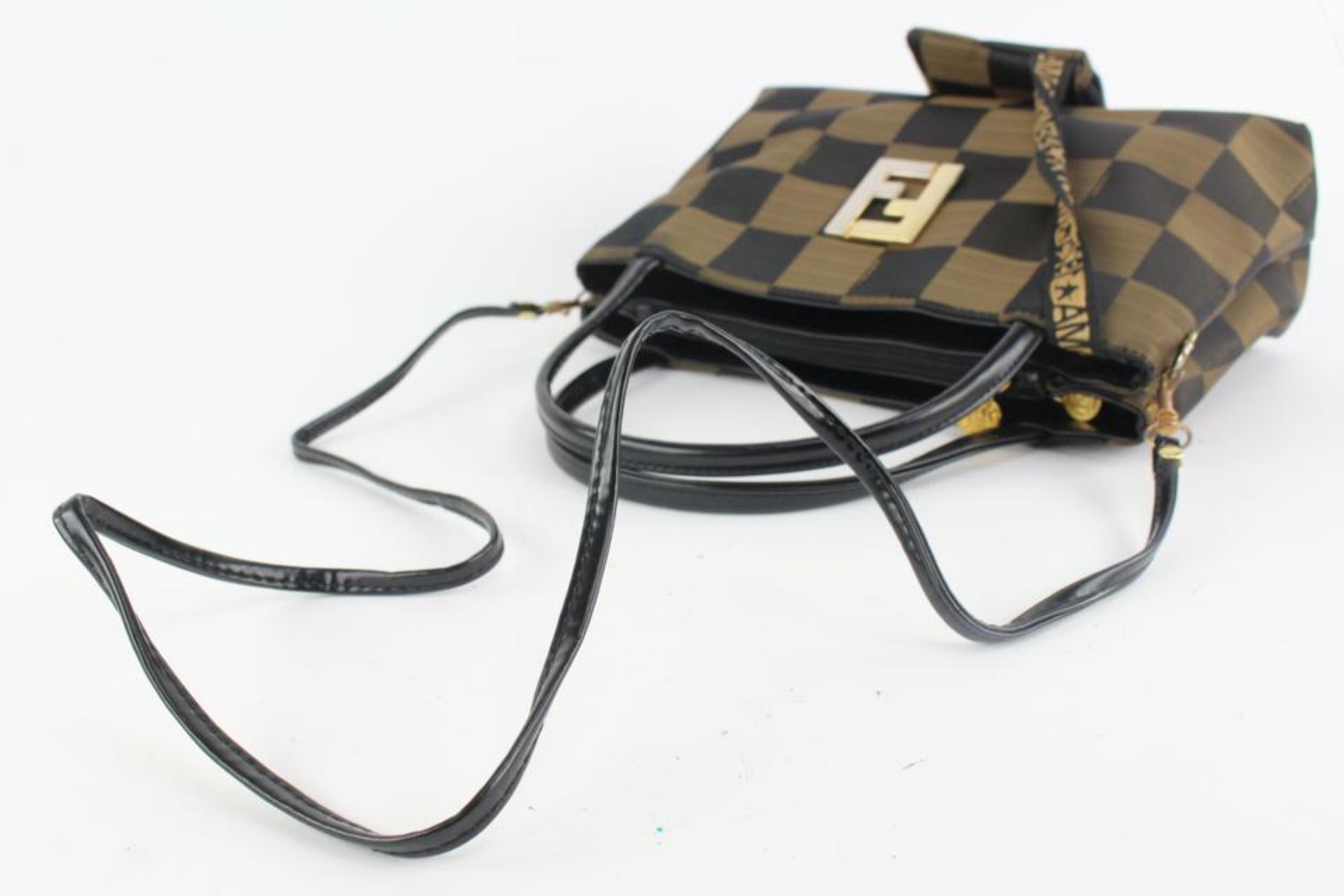 Black Fendi Rare Vintage Brown Checker Box 2way Tote with Pouch 1220f41