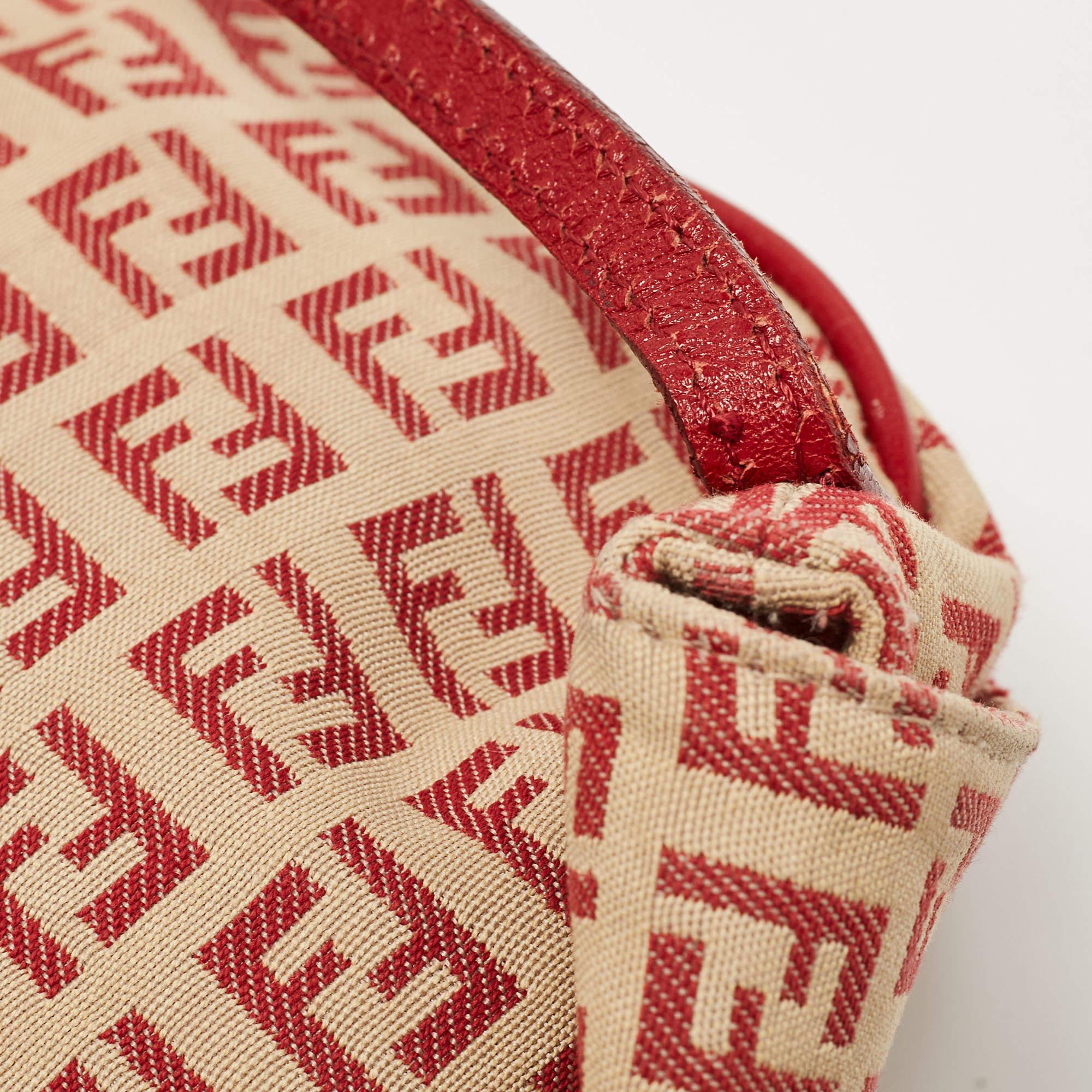 Fendi Red/Beige Zucchino Fabric and Leather Flap Messenger Bag For Sale 14