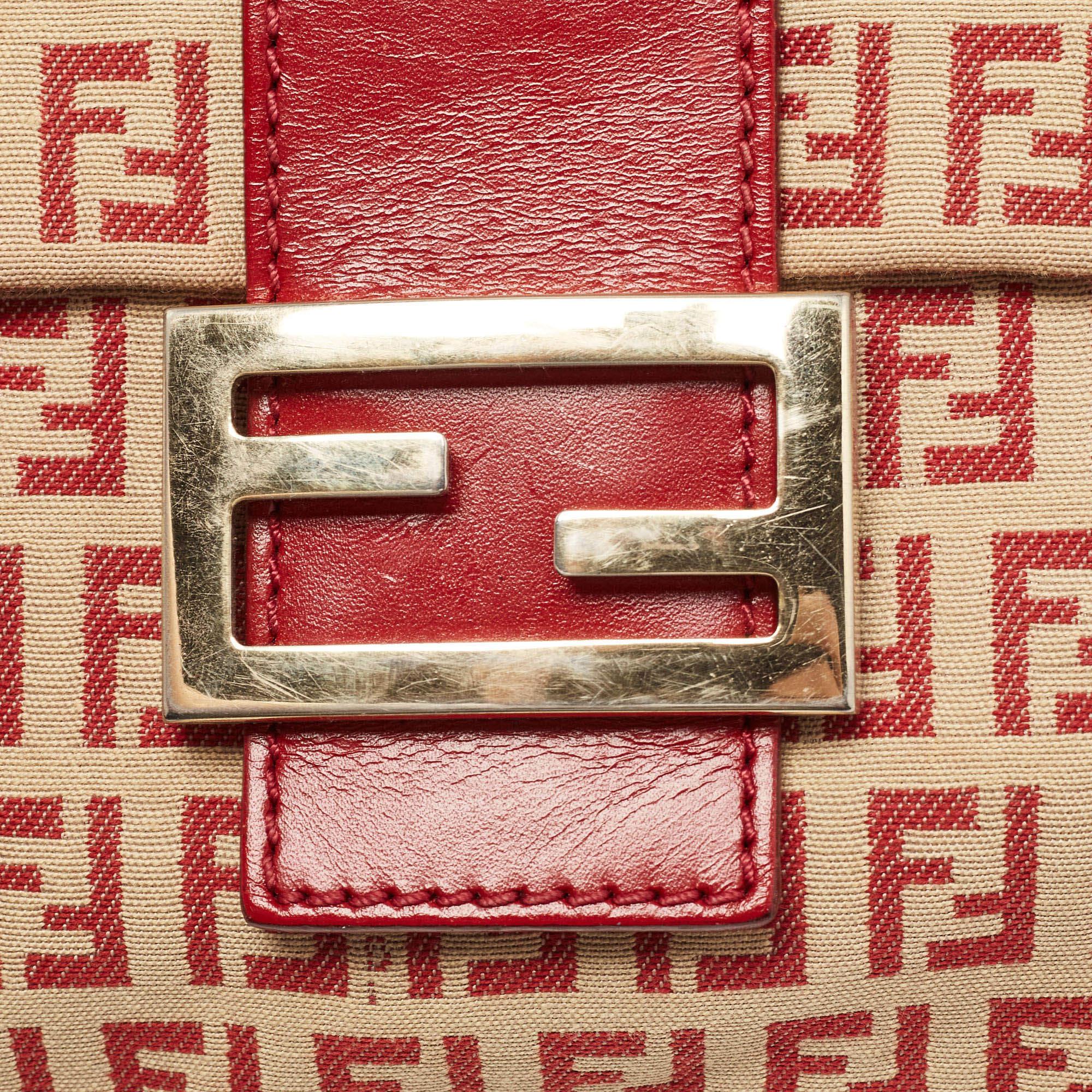Fendi Red/Beige Zucchino Fabric and Leather Flap Messenger Bag For Sale 4