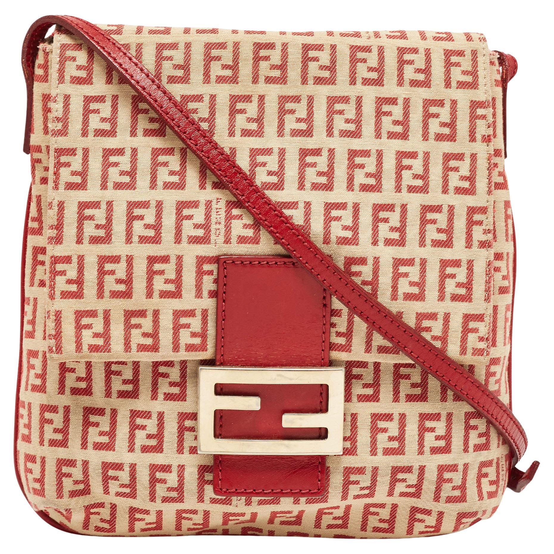 Fendi Red/Beige Zucchino Fabric and Leather Flap Messenger Bag For Sale