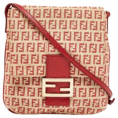 Used Fendi Red/Beige Zucchino Fabric and Leather Flap Messenger Bag