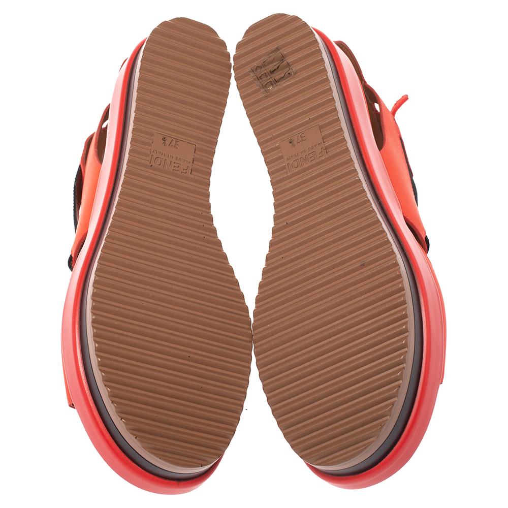 Brown Fendi Red/Black Leather And Elastic Platform Wedge Sandals Size 37.5