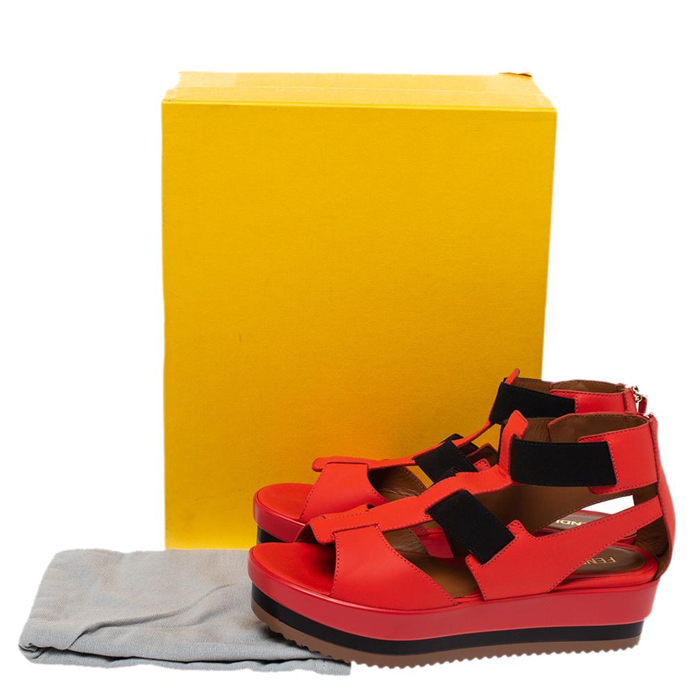 Women's Fendi Red/Black Leather And Elastic Platform Wedge Sandals Size 37.5