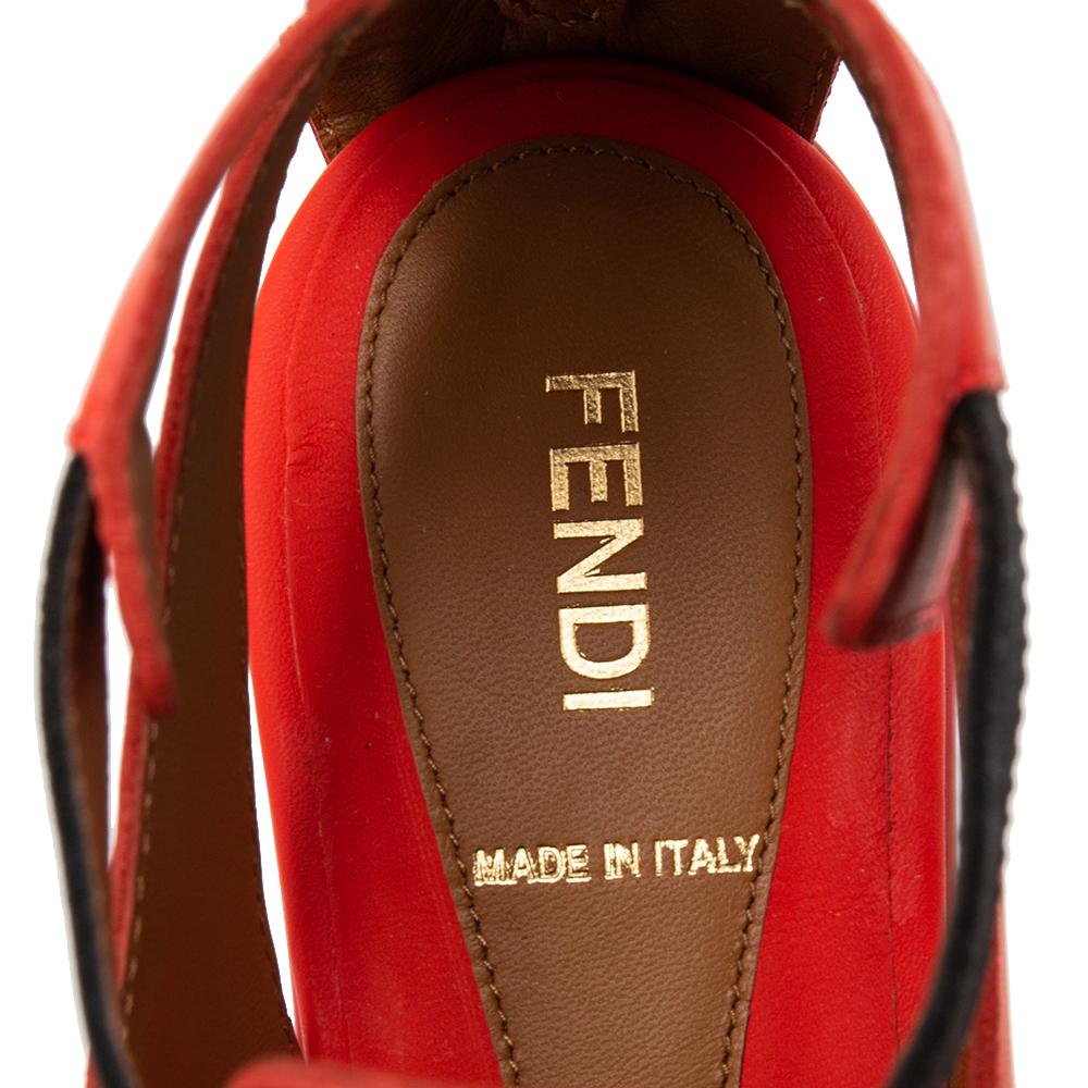 Fendi Red/Black Leather And Elastic Wedge Platform Sandals Size 37.5 In New Condition In Dubai, Al Qouz 2