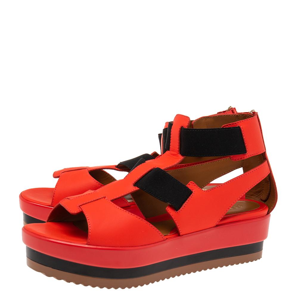 Fendi Red/Black Leather And Elastic Wedge Platform Sandals Size 37.5 1
