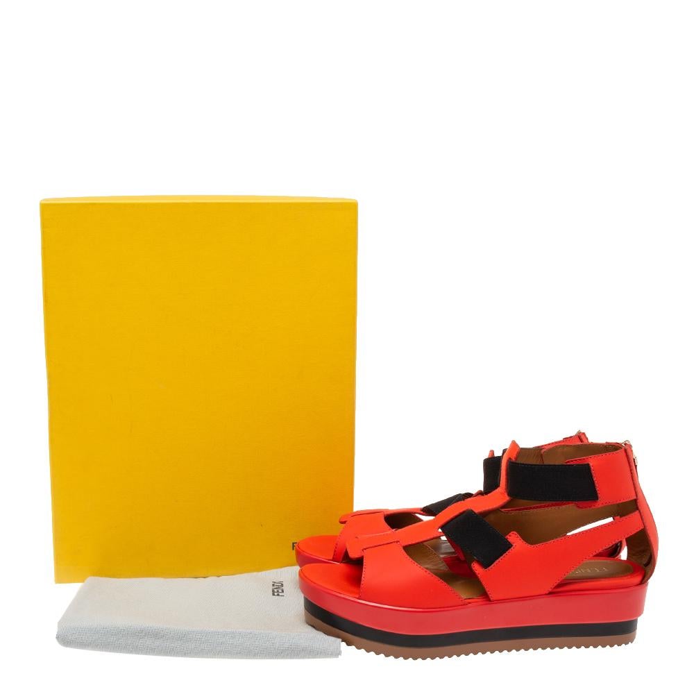 Fendi Red/Black Leather And Elastic Wedge Platform Sandals Size 37.5 2