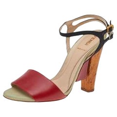 Fendi Red/Black Leather And Fabric Open Toe Ankle Strap Sandals Size 36