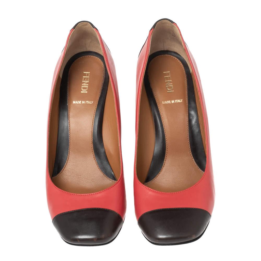 Orange Fendi Red/Black Leather Cap Toe Studded Block Heel Pumps Size 38.5