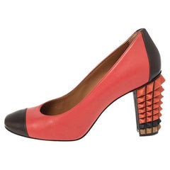 Fendi Red/Black Leather Cap Toe Studded Block Heel Pumps Size 38.5