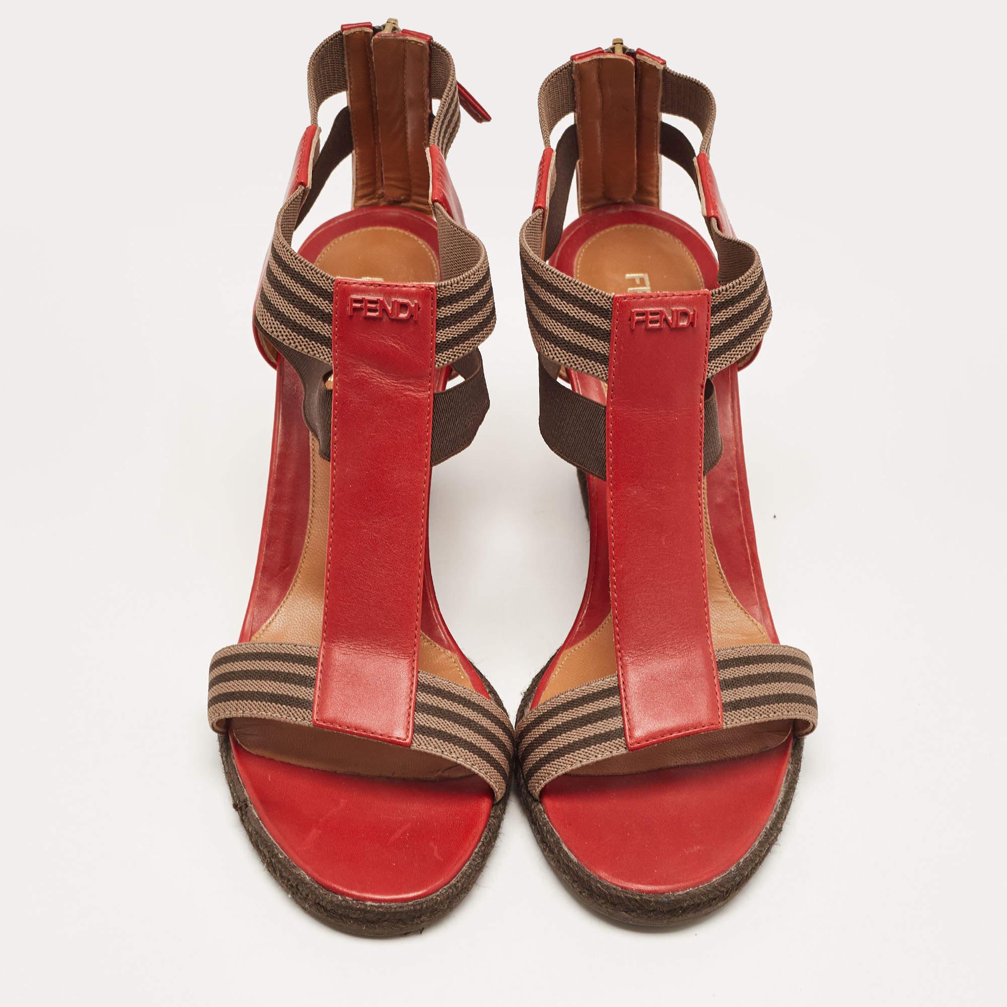 Women's Fendi Red/Brown Leather and Elastic T-Strap Espadrille Wedge Sandals Size 39 For Sale
