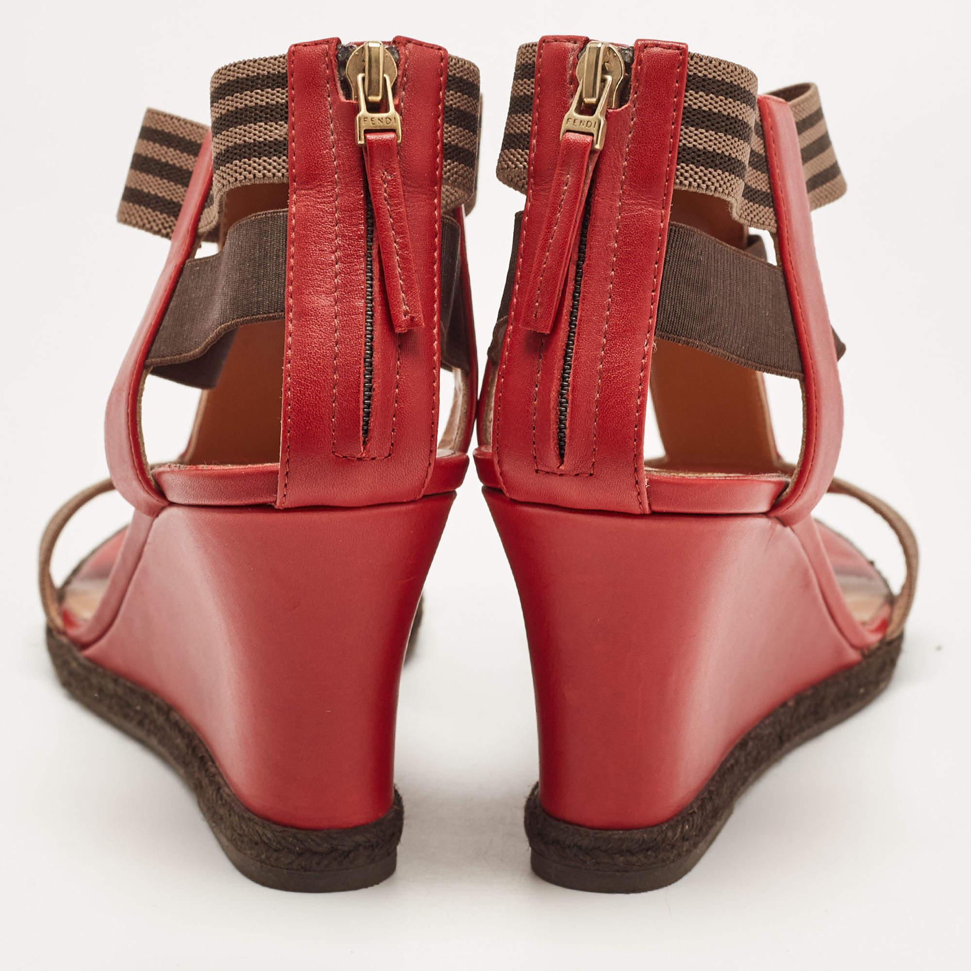 Fendi Red/Brown Leather and Elastic T-Strap Espadrille Wedge Sandals Size 39 For Sale 2