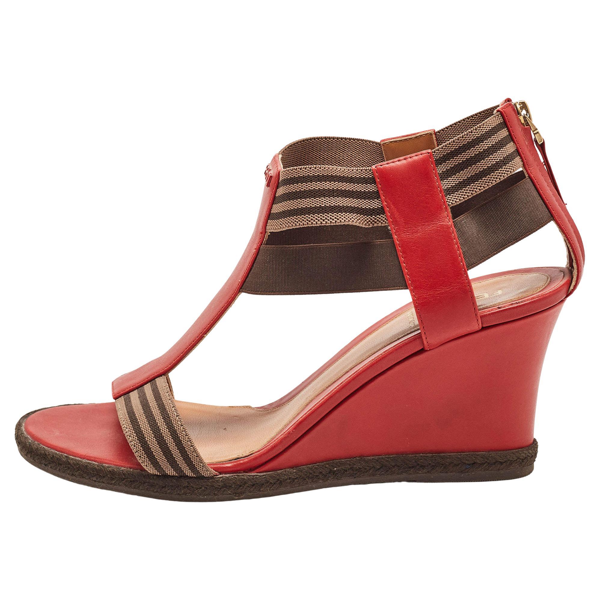 Fendi Red/Brown Leather and Elastic T-Strap Espadrille Wedge Sandals Size 39 For Sale