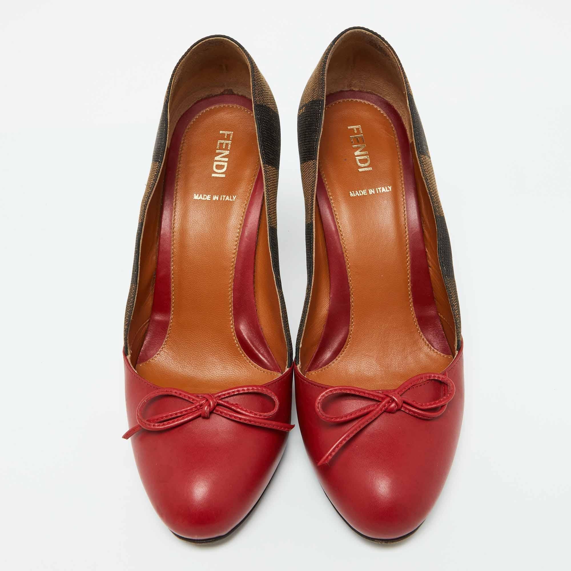 Black Fendi Red/Brown Leather and Pequin Canvas Bow Pumps Size 37 For Sale