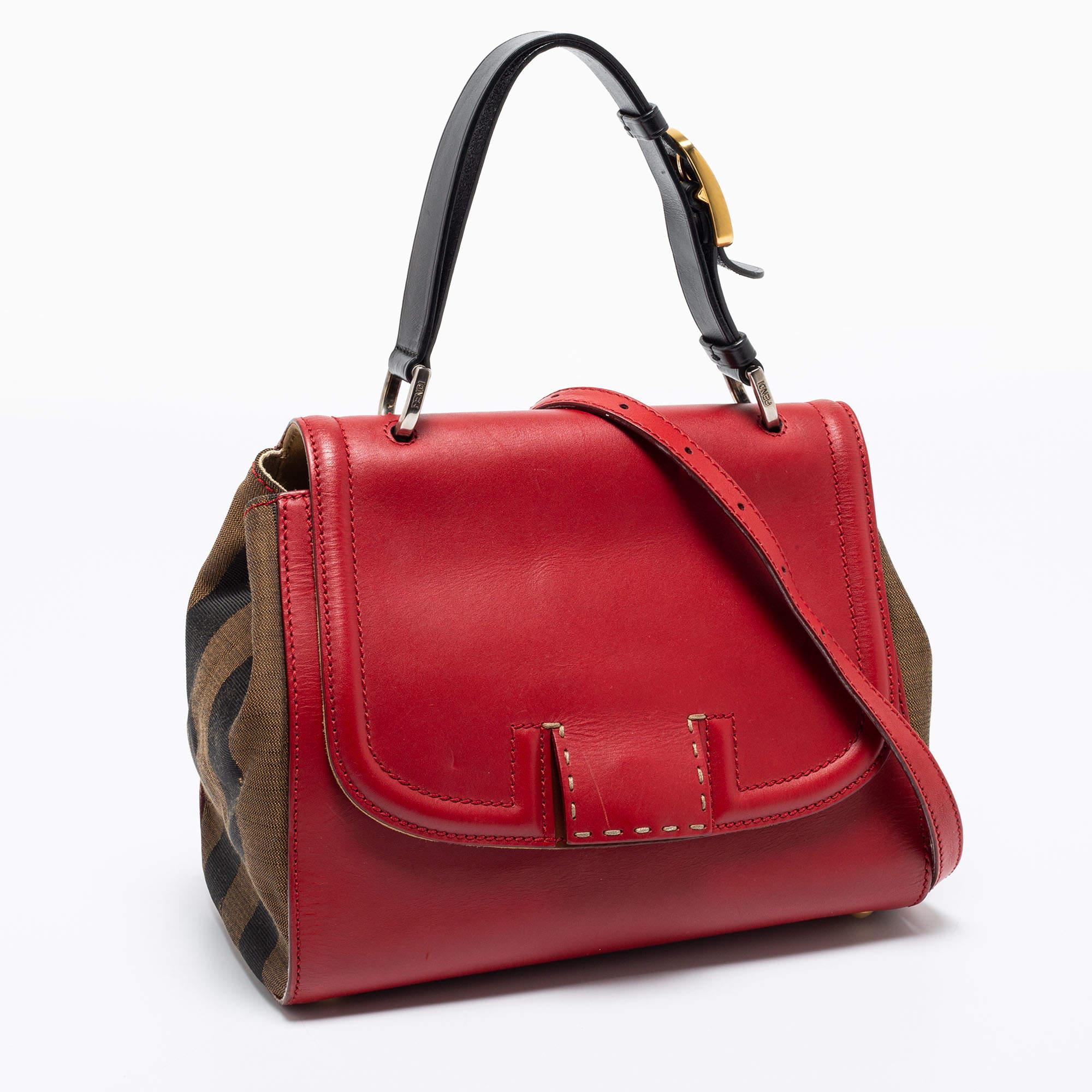 Fendi Red/Brown Leather and Pequin Stripe Canvas Silvana Top Handle Bag 3