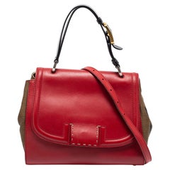 Fendi Red/Brown Leather and Pequin Stripe Canvas Silvana Top Handle Bag