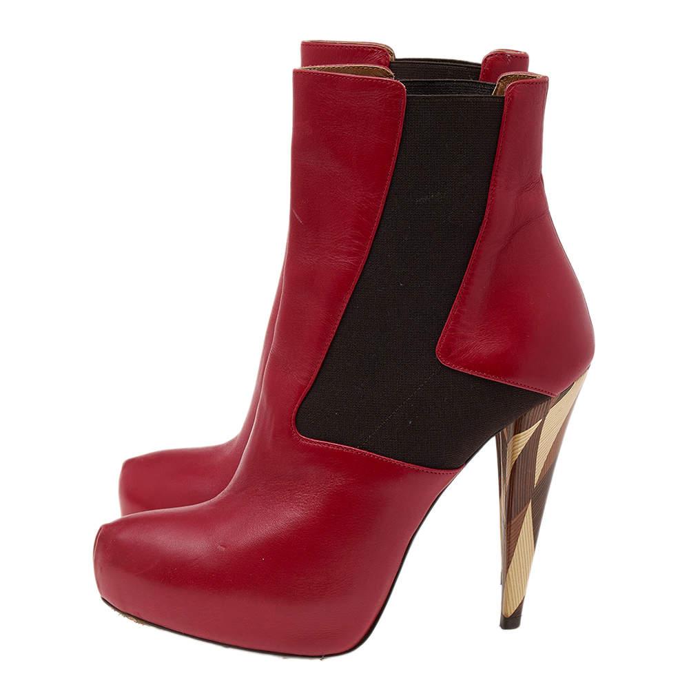 Women's Fendi Red/Brown Leather And Stretch Fabric Platform Ankle Boots Size 37.5