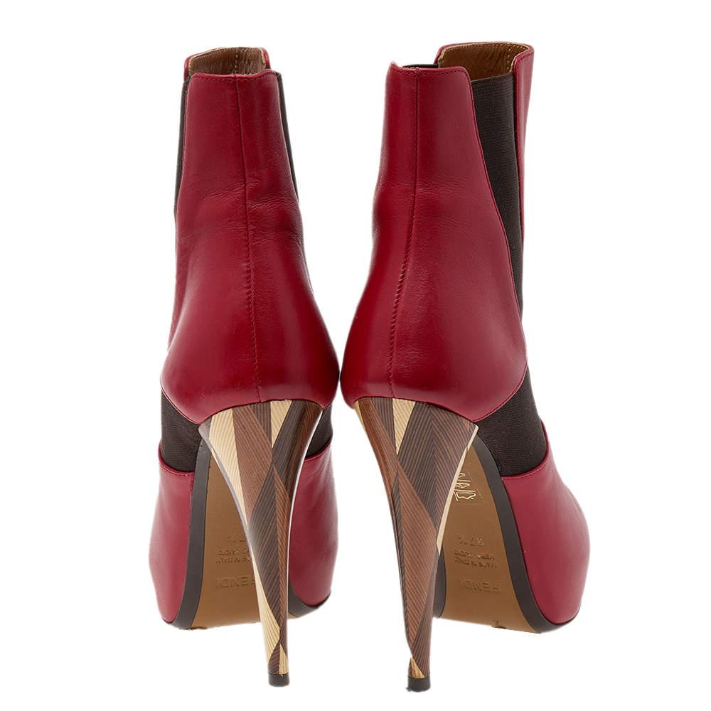 Fendi Red/Brown Leather And Stretch Fabric Platform Ankle Boots Size 37.5 1