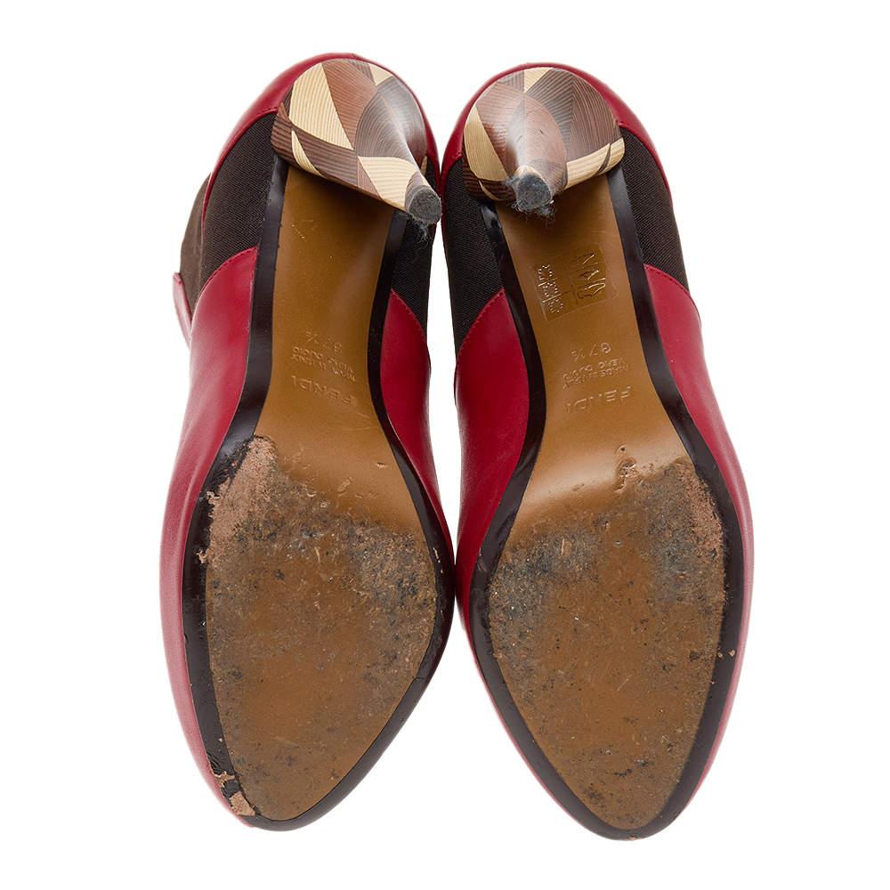 Fendi Red/Brown Leather And Stretch Fabric Platform Ankle Boots Size 37.5 2