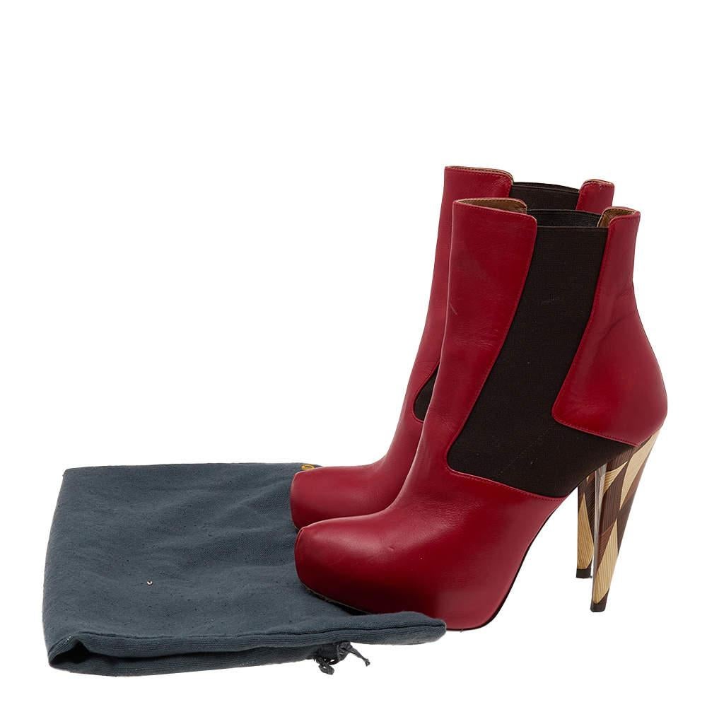 Fendi Red/Brown Leather And Stretch Fabric Platform Ankle Boots Size 37.5 4