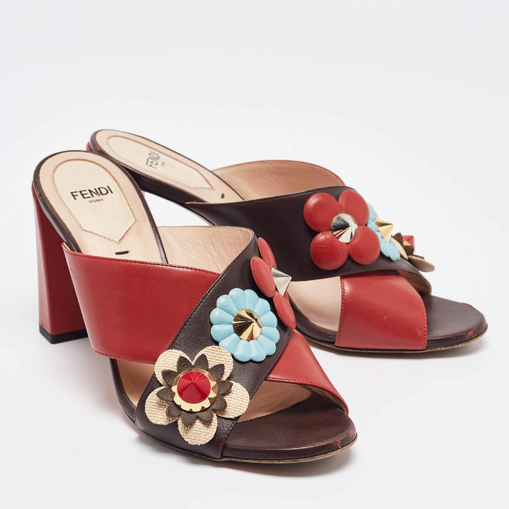 Women's Fendi Red/Brown Leather Flowerland Slide Sandals Size 37